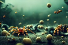 Spiders Infest The Houses Of The Town At Night. An Urban Infestation Of Large Spider Webs Is Terrifying On Halloween And Symbolizes An Epidemic And Pollution. 3D Rendering.