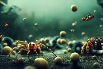 Spiders infest the houses of the town at night. An urban infestation of large spider webs is terrifying on Halloween and symbolizes an epidemic and pollution. 3D rendering.