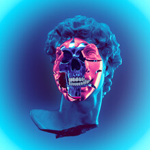 Abstract Futuristic Illustration From 3D Rendering Of A Classical Sculpture Male Head With Opened Robotic Face Showing A Metallic Skull Inside And Isolated On Background In Vaporwave Colors.