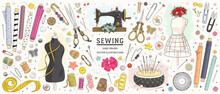 Vector Hand Drawn Sewing Retro Set. Collection Of Highly Detailed Hand Drawn Sewing Tools Isolated On Background