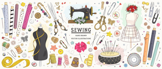 vector hand drawn sewing retro set. collection of highly detailed hand drawn sewing tools isolated o