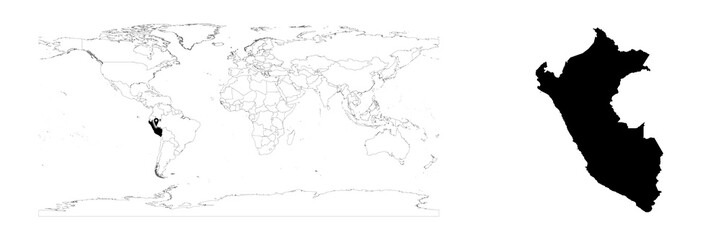 Vector Peru map showing country location on world map and solid map for Peru on white background. File is suitable for digital editing and prints of all sizes.