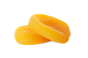 Two tasty apricots on white background. Dried fruits