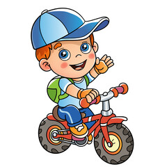 Wall Mural - Cartoon fun boy on a bicycle or bike. Outdoor games. Summer activity. Colorful vector illustration for kids.