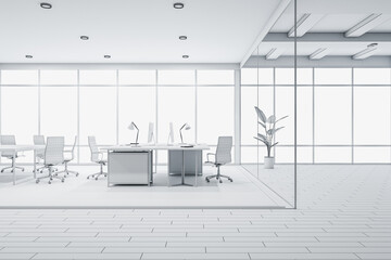 Poster - Side view on modern design project of open space office interior with comfortable workplaces behind glass wall and panoramic window. 3D rendering