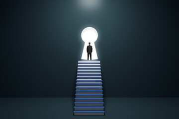 Aufkleber - Back view of thoughtful young business man standing on stacked books ladder in concrete interior and looking out of keyhole window. Wisdom, success, career, growth, vision and achievement concept.