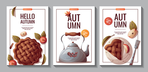 Autumn promo sale flyers with apple pie, apples, kettle. Autumn, harvest, thanksgiving day, fall concept. Vector illustration. Banner, flyer, advertising, menu.