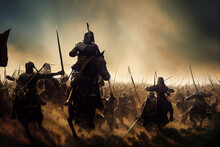Epic Medieval Battle Scene, Knights Riding On Horses, Attacking The Enemy In A Cinematic Battlefield Digital Illustration. Historic Armies Fighting In A Clash Combat With Crusaders Riding Horseback