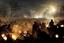 WW1 Silhouette Wallpaper Featuring Soldiers In A Conceptual Art Piece. Military Warfare Battlefield At Night With Smoke And Fire. Armed Forces, Infantry Historical Concept Art Of Trench Warfare