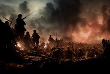 Digital Art Featuring World War 1 Trench Warfare With Silhouettes Of Soldiers Among Smoke And Craters In A Historic Warfare Battlefield Artwork. Battle Combat Of Armed Forces In WW1 Conflict Artwork.