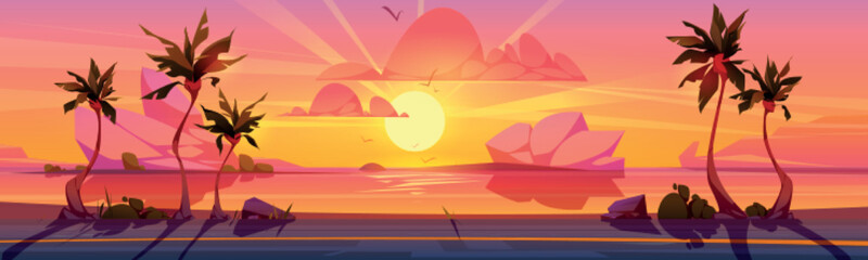 Wall Mural - Tropical sunset and coastal road cartoon illustration. Vector design of colorful dusk seascape, sun going down on horizon, beautiful palm trees along empty highway. Romantic vacation landscape