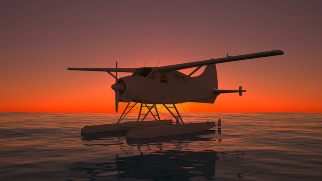 aircraft seaplane at sunset at sea