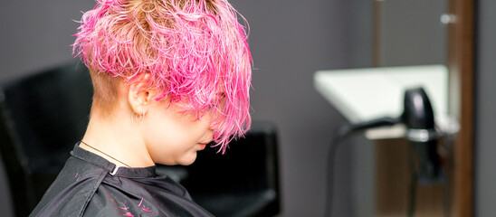 Wall Mural - Beautiful young pink haired caucasian woman in the modern hair salon