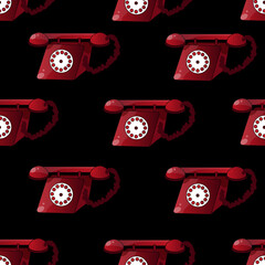 Seamless background of old red phones with wire, handset and dial. A set with a retro telephone for emergency calls. Phone for decision-making.