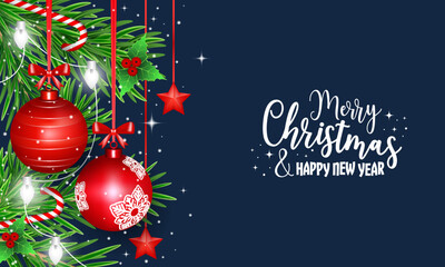 Poster - Christmas greeting card. New Year wishes. Christmas balls, stars, pine needles, ribbons and light chain.