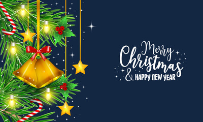 Poster - Christmas and New Year winter holiday background with golden bells, pine needles, magic wands, light chain, holly berries and stars.