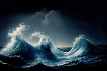 Seascape Night Fantasy Of Beautiful Waves As Illustration