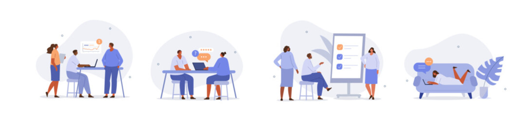 Poster - business people illustration set. characters working at home office and coworking space. people talk