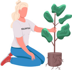 Poster - Volunteer with greenery semi flat color raster character. Sitting figure. Full body person on white. Environment isolated modern cartoon style illustration for graphic design and animation