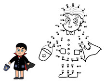 Dot To Dot Game For Kids. Connect The Dots And Draw A Cute Kid In Vampire Costume. Halloween Puzzle Activity Page For Children. Vector Illustration