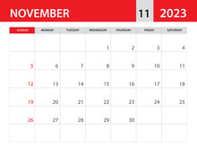November 2023 Template - Calendar 2023 Template Vector, Planner Monthly Design, Desk Calendar 2023, Wall Calendar Design, Minimal Style, Advertisement, Poster, Printing Media, Horizontal Layout