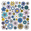 Fun retro doodle blue and lilac flowers, vector collection
