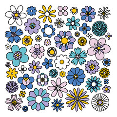 Wall Mural - Fun retro doodle blue and lilac flowers, vector collection