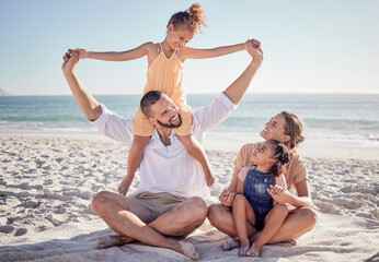 Wall Mural - Love, beach and a happy family bonding in sand, playing and having fun on summer vacation in Mexico. Kids, parents and ocean view with excited girl enjoying playful game with her mother and father