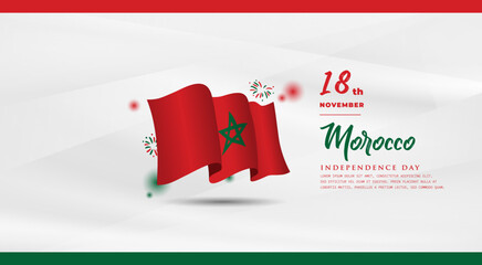 Wall Mural - Banner illustration of Morocco independence day celebration with text space. Waving flag and hands clenched. Vector illustration.