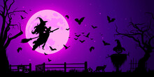 Silhouette Of A Beautiful Witch Flying On A Broom Against Full Moon Light, Wizard With Cat, Bats. Halloween Purple Violet Background, Fantasy And Magic. Vector Illustration