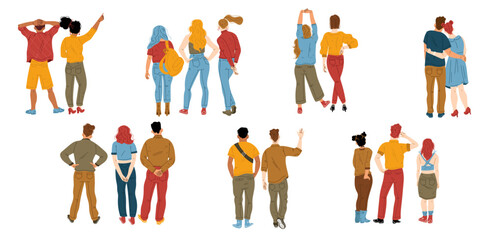 Wall Mural - People from behind, male and female characters group rear view isolated on white background. Abstract young persons, couples and friends backside position, Cartoon linear flat vector illustration, set