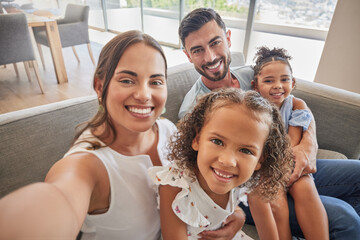 Poster - Happy, smile and selfie portrait of a family relax on living room sofa while bonding, having fun and enjoy quality time together. Love, peace and happiness for mom, dad and kid children from Brazil