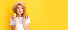 Summer Girl Hold Apple. Beauty Woman Isolated Face Portrait, Banner With Mock Up Copy Space. Yummy. Youth Health. Natural Organic Fresh Apple. Healthy Life. Diet And Skin Beauty.
