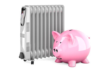 Poster - oil heater with piggy bank. saving energy consumption concept. 3d rendering