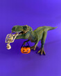 Leinwandbild Motiv Happy Halloween - funny toy t-rex dinosaur with pumpkin jack-o-lantern and a human skeleton. Tyrannosaurus holding pumpkin, trick or treat. Purple background.