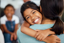 Girl, Mother And Bonding Hug In House Or Home Living Room In Trust, Support Or Security Embrace. Portrait, Smile Or Happy Child In Adoption Success In India, Mothers Day Celebration Or Family Reunion