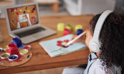 Poster - Education, art and online with a girl elearning or studying online with a laptop and the internet as a student. Computer, creative and tutotrail with a female child watching a video to study