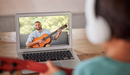 Poster - Learning guitar, video call and instructor teaching a girl an instrument, live streaming class and communication on virtual broadcast on internet. Student musician learning to play with tutor on web