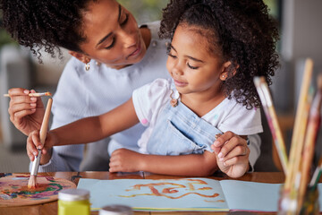 Poster - Mother and girl painting with watercolor paint and brush using a paintbrush on paper. Latin girl and mom using paintbrush drawing color art for a school project for fun, creativity and hobby together