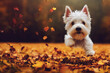 3d illustration of happy westie puppy jumping autumn forest with leaves falling