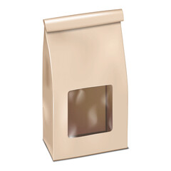 Wall Mural - closed tin tie paper bag with clear plastic window vector mockup. resealable blank package for coffe