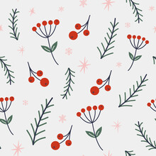 Vector Seamless Pattern With Christmas Tree Branches, Winter Berries And Snowflakes