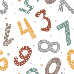 Wall Mural - Seamless pattern with doodle hand drawn numbers in Scandinavian Style. Vector background with colorful pastel numbers on white, kids nursery backdrop