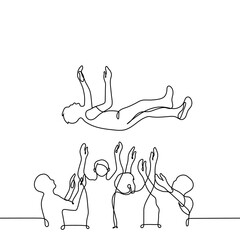 Wall Mural - crowd throws a man in the air - one line drawing vector. concept celebrating a successful throw, triumph and joy of victory, team cheering