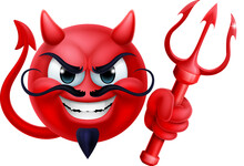 A Red Devil Or Satan Emoji Emoticon Man Face Holding A Trident, Pitchfork Or Pitch Fork Cartoon Icon Mascot.
