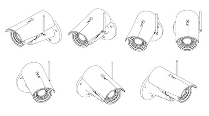 Set with contours of a video surveillance camera in different positions from black lines isolated on a white background. Isometric view rotates right and left. 3D. Vector illustration.