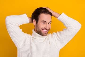 Sticker - Photo of attractive cute guy wear white pullover arms head washing hair isolated yellow color background