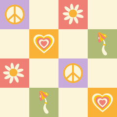 Wall Mural - Retro groovy seamless pattern with checkerboard and cute hippie elements. Pastel colors. Trendy vector illustration in style 70s, 80s
