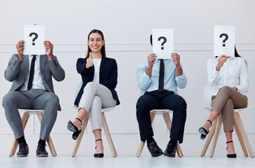 Poster - Recruitment, question mark and thumbs up business woman with smile in hiring, interview or feedback review in workplace. Question, ok and yes from employee for thank you, welcome and success teamwork