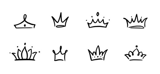 Doodle crown hand drawn set. Doodle princess crown, queen tiara. Line sketch royal element. Queen, king hand drawn simple design element. Isolated vector illustration.